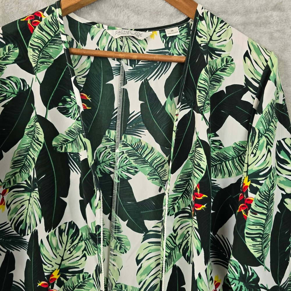 Rachel Zoe Tropical Leaf Print Kimono Duster Green White Tassel Tie OS